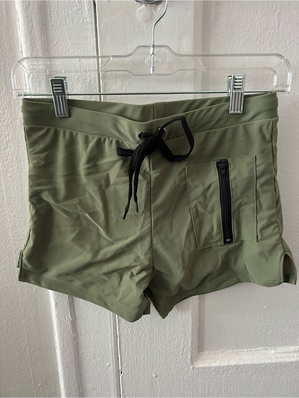 Olive Green Athletic Drawstring Swim Trunks with Zip Pocket